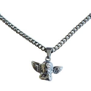Dalmata D Cherub Angel Cupid Necklace Whimsical Cuban Chain Stainless Steel 22"